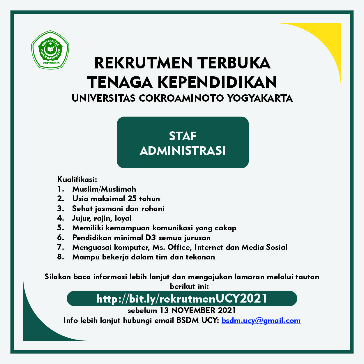 Rekrutmen Terbuka Tenaga Pendidikan Univeristas Cokroaminoto Yogyakarta